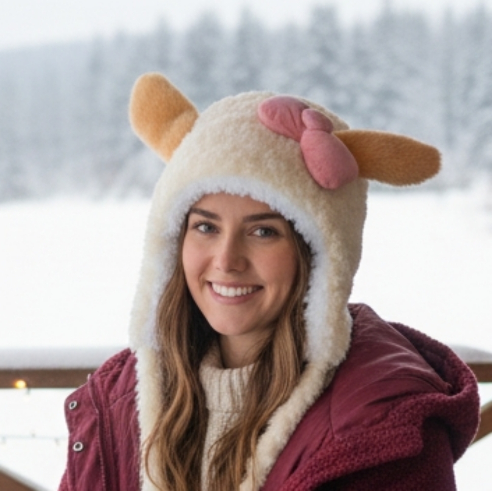Cute Plush Animal Ear Faux Fur Winter Hat Large Bow Tie Pom Pom Character Cap